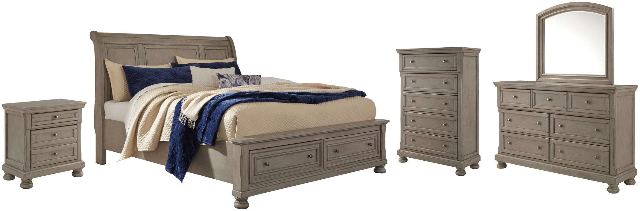 Lettner California King Sleigh Bed with Mirrored Dresser, Chest and Nightstand Homeline Furniture