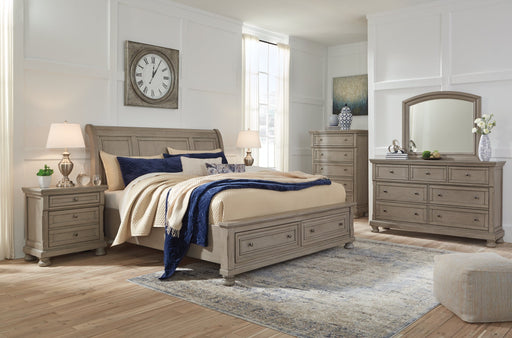 Lettner California King Sleigh Bed with Mirrored Dresser, Chest and Nightstand Homeline Furniture