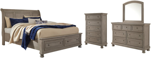 Lettner California King Sleigh Bed with Mirrored Dresser and Chest Homeline Furniture