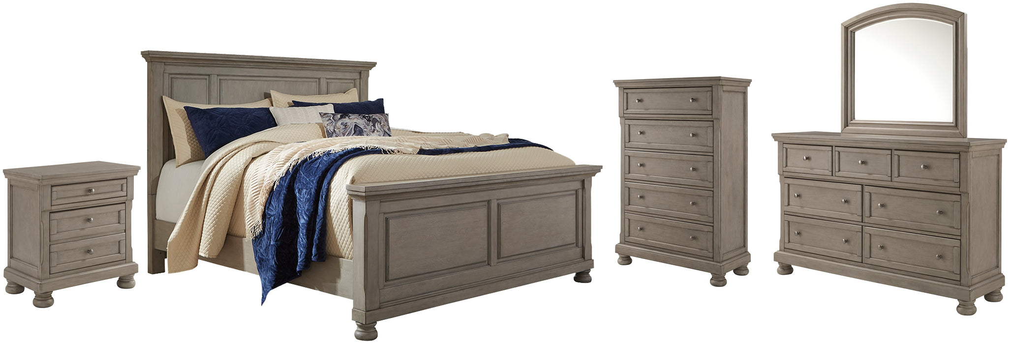 Lettner King Panel Bed with Mirrored Dresser, Chest and Nightstand Homeline Furniture