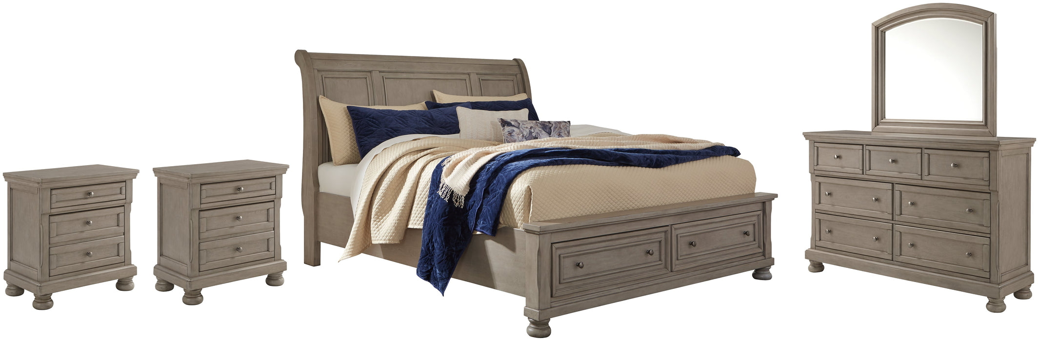 Lettner King Sleigh Bed with 2 Storage Drawers with Mirrored Dresser and 2 Nightstands Homeline Furniture