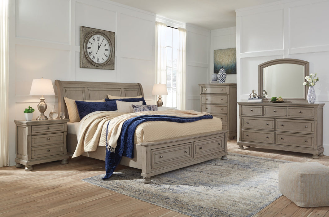 Lettner King Sleigh Bed with 2 Storage Drawers with Mirrored Dresser and 2 Nightstands Homeline Furniture