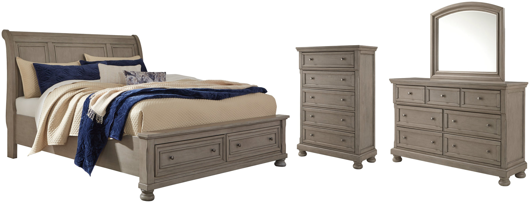 Lettner King Sleigh Bed with 2 Storage Drawers with Mirrored Dresser and Chest Homeline Furniture