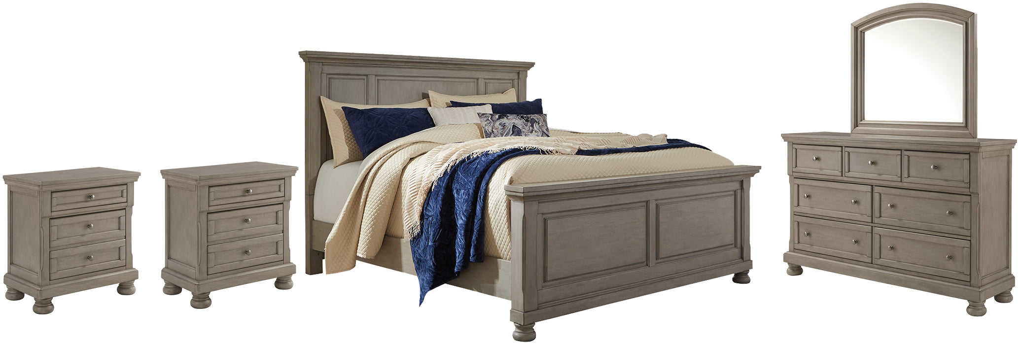 Lettner Queen Panel Bed with Mirrored Dresser and 2 Nightstands Homeline Furniture