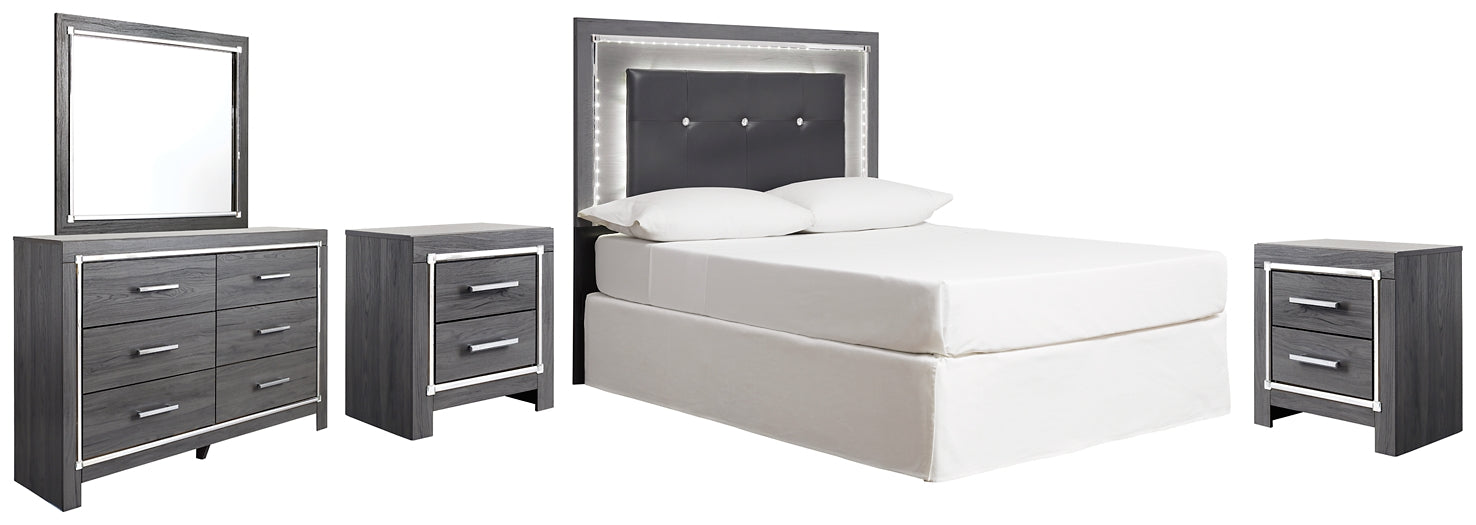 Lodanna Full Upholstered Panel Headboard with Mirrored Dresser and 2 Nightstands Homeline Furniture