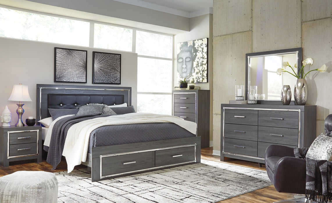 Lodanna King Panel Bed with 2 Storage Drawers with Mirrored Dresser, Chest and 2 Nightstands Homeline Furniture