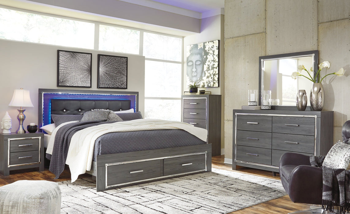 Lodanna King Panel Bed with 2 Storage Drawers with Mirrored Dresser, Chest and Nightstand Homeline Furniture