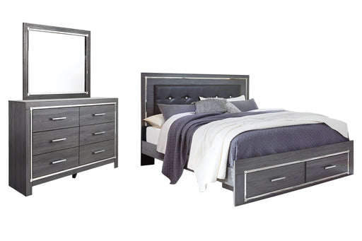 Lodanna King Panel Bed with 2 Storage Drawers with Mirrored Dresser Homeline Furniture