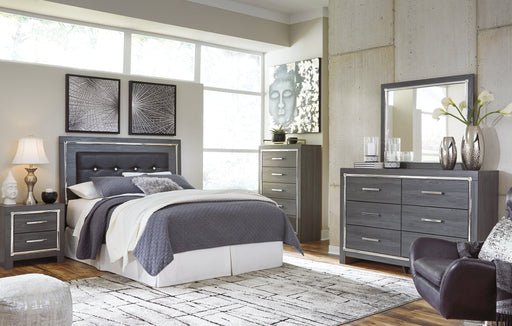 Lodanna Queen/Full Upholstered Panel Headboard with Mirrored Dresser, Chest and 2 Nightstands Homeline Furniture