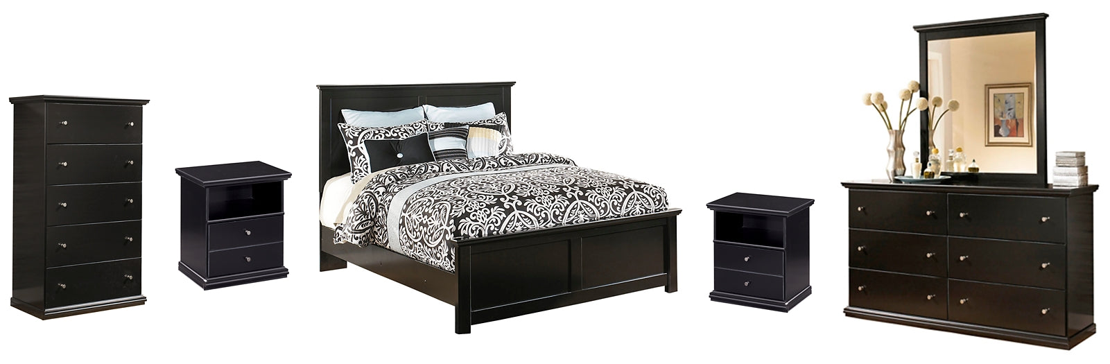 Maribel King Panel Bed with Mirrored Dresser, Chest and 2 Nightstands Homeline Furniture