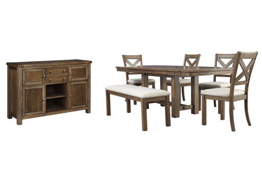 Moriville Dining Table and 4 Chairs and Bench with Storage Homeline Furniture