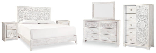 Paxberry King Panel Bed with Mirrored Dresser, Chest and 2 Nightstands Homeline Furniture