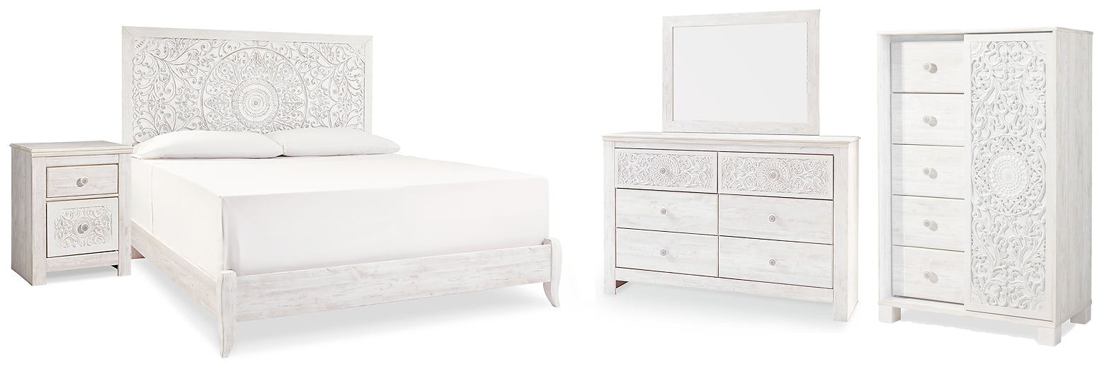 Paxberry King Panel Bed with Mirrored Dresser, Chest and Nightstand Homeline Furniture