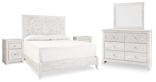 Paxberry King Panel Bed with Mirrored Dresser and 2 Nightstands Homeline Furniture