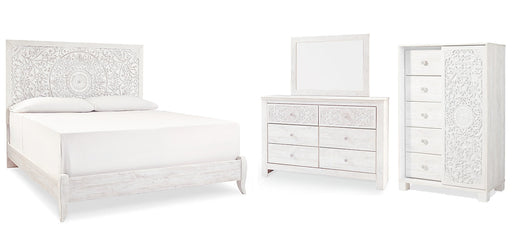 Paxberry King Panel Bed with Mirrored Dresser and Chest Homeline Furniture