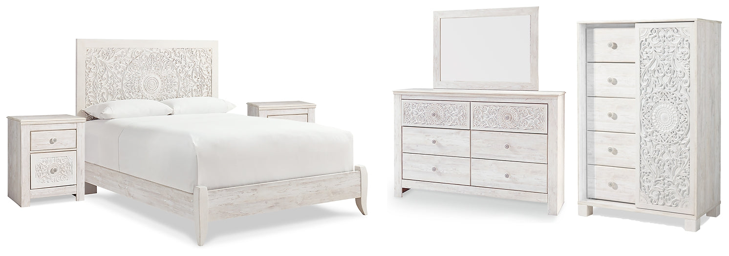 Paxberry Queen Panel Bed with Mirrored Dresser, Chest and 2 Nightstands Homeline Furniture