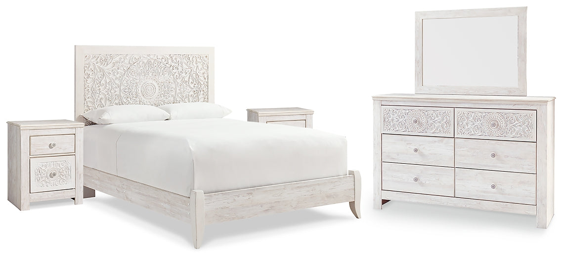 Paxberry Queen Panel Bed with Mirrored Dresser and 2 Nightstands Homeline Furniture