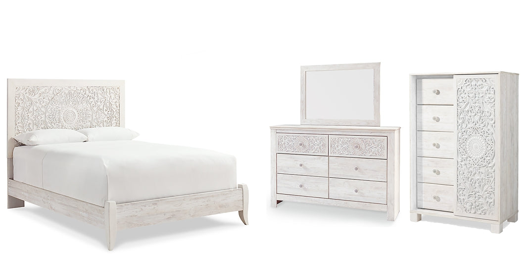 Paxberry Queen Panel Bed with Mirrored Dresser and Chest Homeline Furniture