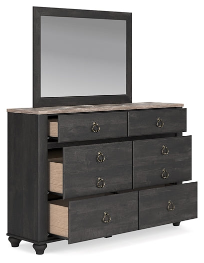 Nanforth Queen Panel Bed with Mirrored Dresser and Chest