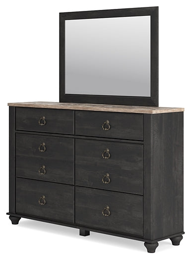 Nanforth King Panel Bed with Mirrored Dresser and 2 Nightstands