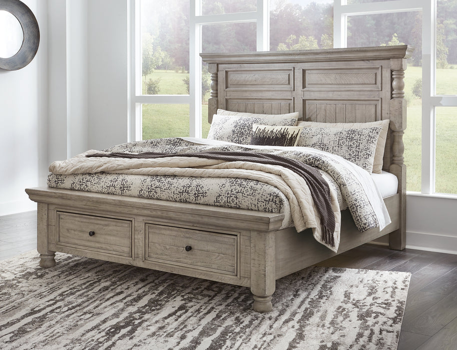 Harrastone King Panel Bed with Mirrored Dresser and 2 Nightstands