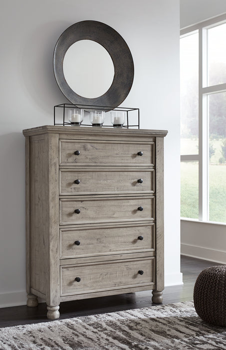 Harrastone King Panel Bed with Mirrored Dresser and Chest