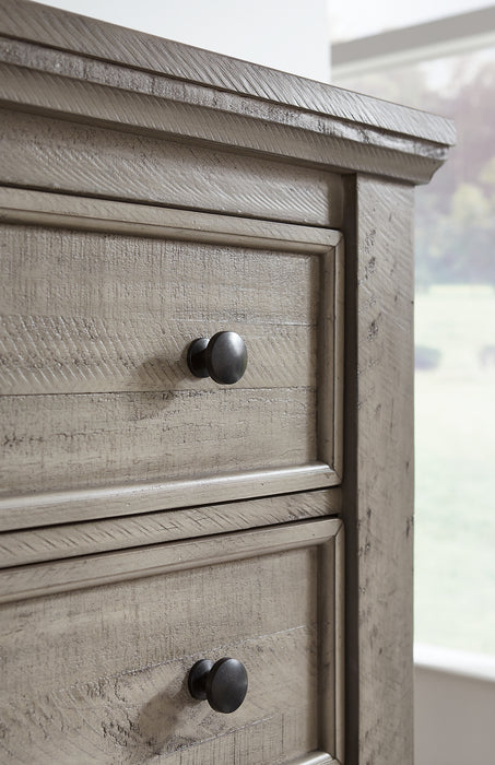 Harrastone King Panel Bed with Mirrored Dresser and Chest